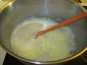 Here, I am heating to melt in the shaved soap and merge the ingredients.  